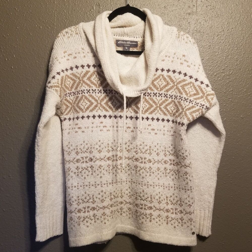 Eddie Bauer S Sweater Cream Nordic Fair Isle Funnel Neck Cabincore Cozy Gorpcore